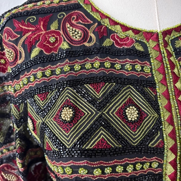 Vtg Beaded Embroidered Evening Formal Jacket Sz M / L Whimsigoth Black Red Green - Picture 3 of 14